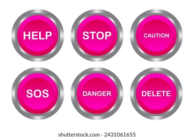 Set of pink buttons with metal base. Help, Stop, Caution, SOS, Danger, Delete. Distress, first aid, warning, shutdown, switch off, remove. Push, press, control, manipulation, key, knob. Vector