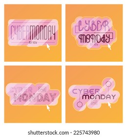 a set of pink buttons with text for cyber monday on orange backgrounds