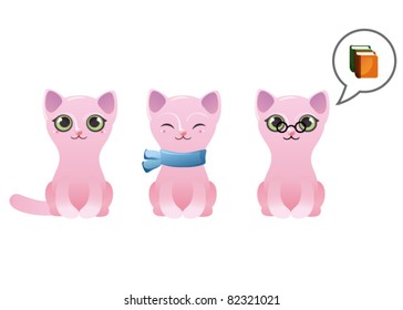 Set of pink cartoon cats with scarf, books and glasses