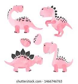 Set of pink cartoon dinosaurs for kids. Vector illustration.