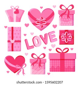 Set of pink cartoon gift boxes in vector. Pink gifts with bow, heart, love inscription isolated on white background. Flat vector.