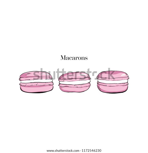 ピンクのマカロンのアイコンのセット マカロンのアーモンドケーキ マカロンビスケットデザート ベクター手描きのマカロンイラスト スケッチビンテージスタイル デザインテンプレート レトロな背景 のベクター画像素材 ロイヤリティフリー