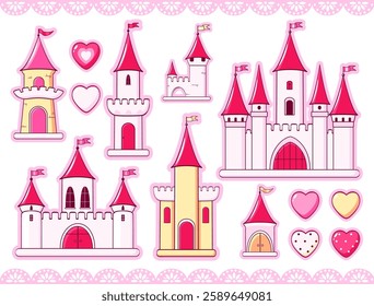 Set of pink castle icon stickers for girl. Collection of cute eye-catching tag, label with cartoon princess castle. Fantasy fairy tale princess palace. Magic kingdom tower set. Vector EPS8