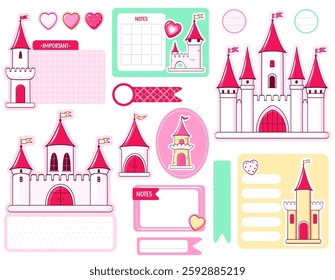 Set of pink castle stickers for girl. Collection of cute eye-catching tag, label with cartoon princess castle. Fantasy fairy tale palace. Magic kingdom decor elements for scrapbooking. Vector EPS8