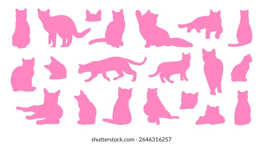 Set of pink cat silhouettes in various poses isolated on a white background. Vector illustration