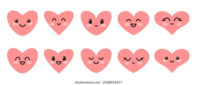 Set of pink characters of hearts with kawaii emotions. Different moods, emotions on the face. Symbols of love, support, passion, trust, conceptual signs. Concept of Valentine's Day, romance.