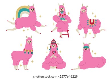 Set of pink cheerful llamas decorated with traditional South American decorative elements. Cute characters for children's T-shirts and posters. Vector illustration isolated on transparent background.