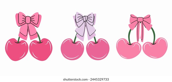 Conjunto de cerezas rosas y arcos. Cintas de regalo en estilos dibujados a mano y planos. Ilustración vectorial de moda. Coquette núcleo lindo diseño de moda. Accesorios femeninos