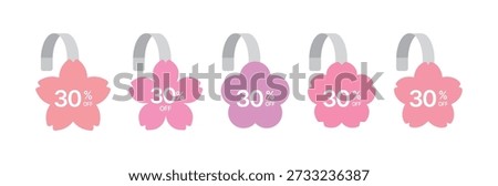 Set of pink cherry blossom labels with discount text. Flower-shaped vector price tags for spring sales, shopping, store promotions, and seasonal marketing displays.