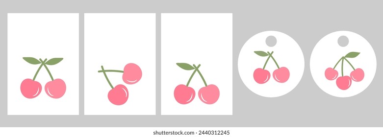 Set of Pink cherry with green leaf on white signs labels vector. 
