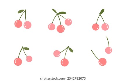 Set of pink cherry with green leaves isolated on white background. Cute fruit icon sign vector.