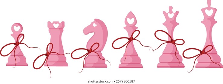 set of pink chess pieces with red ribbon and red hearts for Valentine's Day