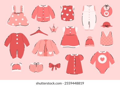 Set of pink children's clothing. Sweatshirts, overalls, hats, dresses, bows. Flat vector illustration.