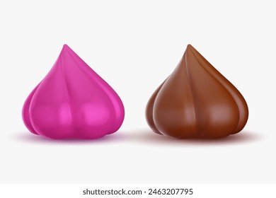 Set pink and chocolate creme meringue in realistic glossy 3d style. Bright cute dessert vector illustration.