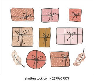 Set of pink christmas gift boxes with branches in doodle style. Cute collection of vector illustrations. Holiday presents for your design - poster, bag, t shirt, greeting card, invitation