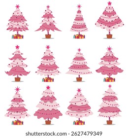 Set of pink Christmas trees decorated with ornaments and accompanied by wrapped gifts. A joyful and festive atmosphere for holiday celebrations, showcasing unique decorative concepts in pink tones.
