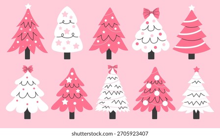 Conjunto de árvores de Natal cor-de-rosa decoradas com brinquedos de Natal e guirlandas em um estilo de desenho animado plano isolado em um fundo. Ilustrações de Natal e Ano Novo Vetor