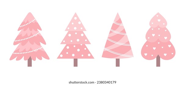 Set of pink Christmas trees isolated on white background. Flat vector illustration