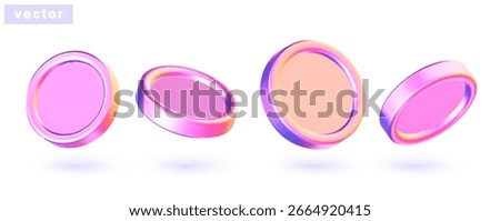 Set of pink chrome coins. 3D holographic coins. Vector illustration.	
