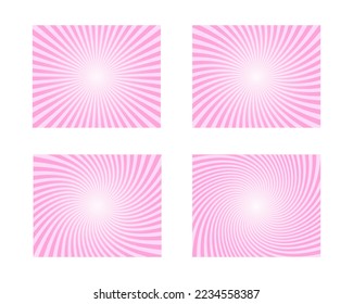 Set of pink circus backgrounds. Rosy sunsets, radial twisted stipes, pinwheel pattern. Strawberry bubble gum, sweet lollipop candy, ice cream texture. Clipping mask. Vector cartoon illustration