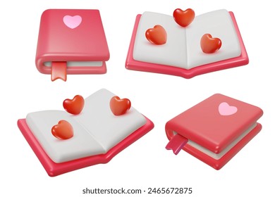 Set pink closed  and open book with ribbon. Cute romantic diary in realistic 3d style. Bright vector illustration.