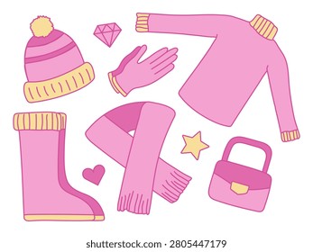 Set of pink clothes for Barbie doll. Warm clothes, boots and bag. Woolen hat and scarf. Knitted sweater and gloves. Collection of glamorous items for girls. Vector illustration.