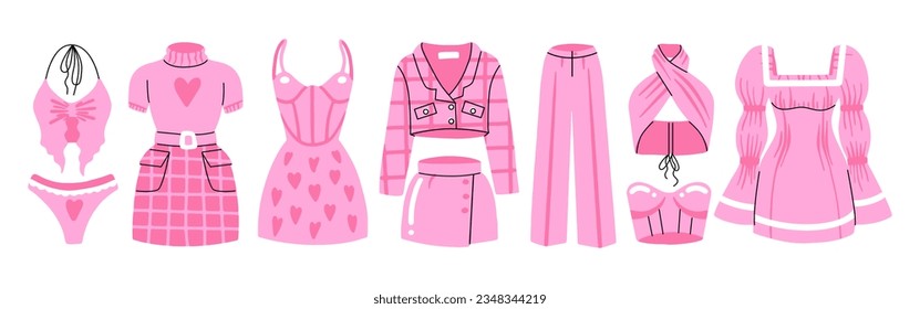 A set of pink clothes for a doll. Women's fashion clothing. Trousers, dress, skirt, T-shirt. Girly style