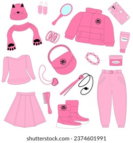 con ropa rosa y otros accesorios. Temporada de invierno en otoño. Ilustración del vector EPS10