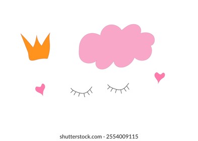 set of pink cloud eyes with an orange crown on a white background , 