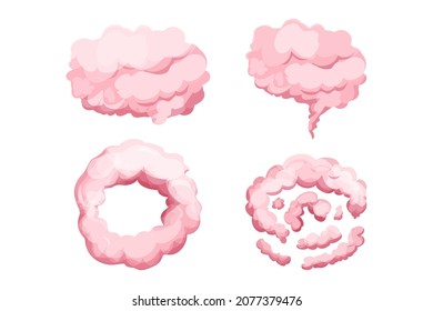 Coloca nubes rosas, magia esponjosa al estilo de las caricaturas aisladas en fondo blanco. Humo de colección, decoración de niebla adorable. Activo de juego Ui.