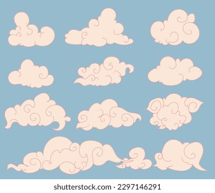 Un conjunto de nubes rosas con remolinos sobre un fondo azul.