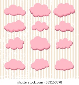 Set of pink clouds in vintage style. Vector illustration.