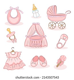 Set of pink color baby supplies for a girl, Baby clothes and accessories, motherhood concept, baby shower, vector set, isolated elements