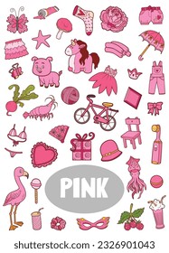 Set of pink color objects. Visual dictionary for children about the basic colors. Vertical cartoon sheet with isolated images to learning for kindergarten and preschool learning