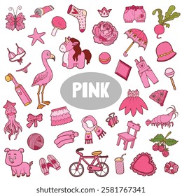 Set of pink color objects. Visual dictionary for children about the basic colors. Square cartoon sheet with isolated images to learning for kindergarten and preschool learning