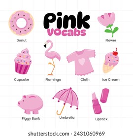 Set of pink color objects vocabulary collection, Learning colors for kids. Worksheet for children, preschool. education of children, flashcards with colors, Primary colors flashcard.