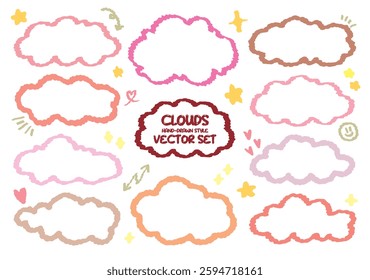 Set of pink color wax crayon drawing outline fluffy cloud vector. Hand drawn doodle weather sky pattern. Childish pencil drawn line clouds element Sketch cloudy star in kids style Weather cartoon. kid