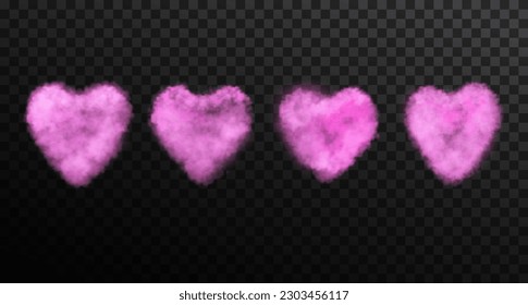 Set of pink colored heart shaped steam. Vector illustration of realistic smoke effect isolated on transparent background