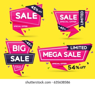 Set of pink colored stickers and banners. Geometric shapes with sharp angles. Big set of beautiful discount and promotion banners. Advertising element. Sale banner tag. Vector illustration.