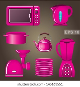Set pink cookware and kitchen appliances. vector, gradient, EPS10