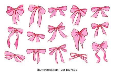 Set of pink coquette bows in vector style. Cute bow clipart for fashion, present, romantic cards, girly decor, and feminine aesthetic projects.