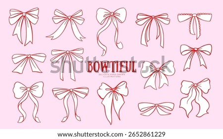 Set of pink coquette bows in vector style. Cute bow clipart for fashion, present, romantic cards, girly decor, and feminine aesthetic projects.