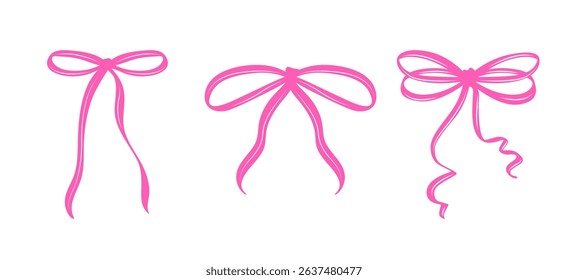 Set of Pink Coquette Whimsical Bows. A Charming Collection of Feminine Hand-Drawn Bow Ribbons with Playful Curves and Delicate Shapes. Perfect for Romantic, Girly, and Festive Design Projects.