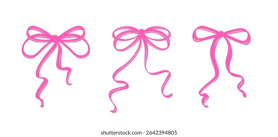 Set of Pink Coquette Whimsical Bows. A Charming Collection of Feminine Hand-Drawn Bow Ribbons with Playful Curves and Delicate Shapes. Perfect for Romantic, Girly, and Festive Design Projects.
