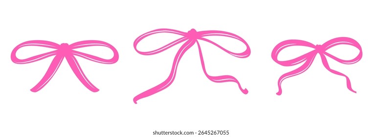 Set of Pink Coquette Whimsical Bows. A Charming Collection of Feminine Hand-Drawn Bow Ribbons with Playful Curves and Delicate Shapes. Perfect for Romantic, Girly, and Festive Design Projects.