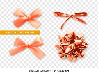 Set of pink and coral corol ribbons bows. Festive realistic decorative design elements. Celebrate decoration. Vector illustration