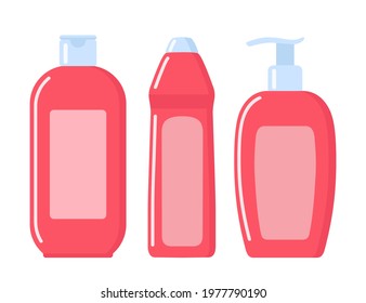 Set of pink cosmetic bottles in flat style. Soap, shampoo, lotion pink bottles. Vector illustration