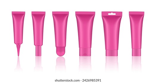 Set von rosa Kosmetikröhrchen. Geschlossene Blindröhrchen mit Kappen. Realistische Attrappe. Langes Düsenrohr für Salbe oder Salbe. Gelserum. Koreanische Verpackung. Lipgloss