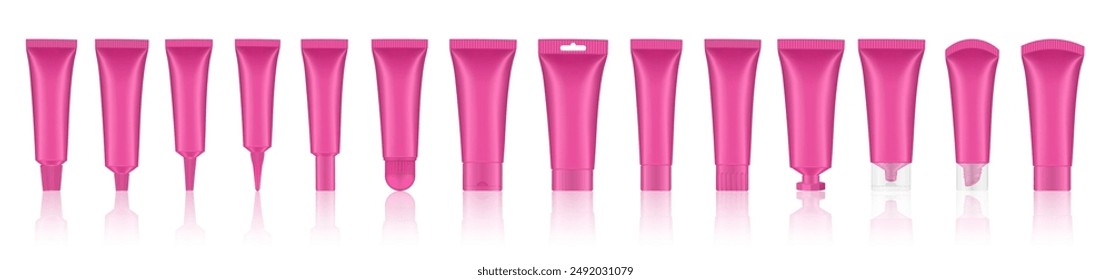 Set of pink cosmetic tubes. Closed blank tubes with caps. Realistic mockup. Long nozzle tube. for ointment or salve. Gel serum. Korean packaging. Lip gloss. Toothpaste. Hand cream	
