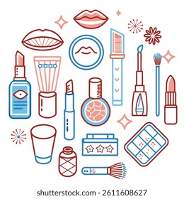 a set of pink cosmetics items on a transparent.